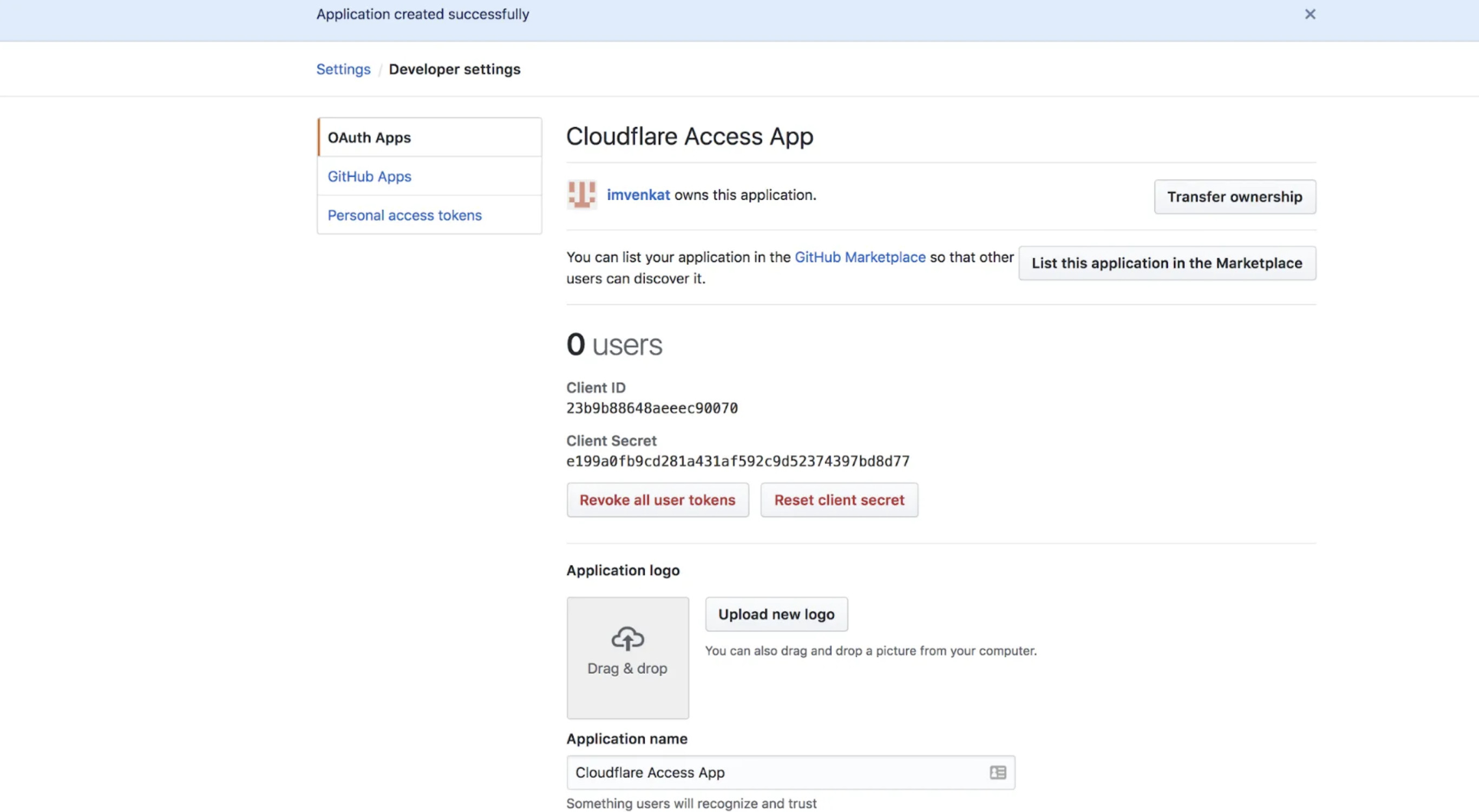 GitHub OAuth application credentials